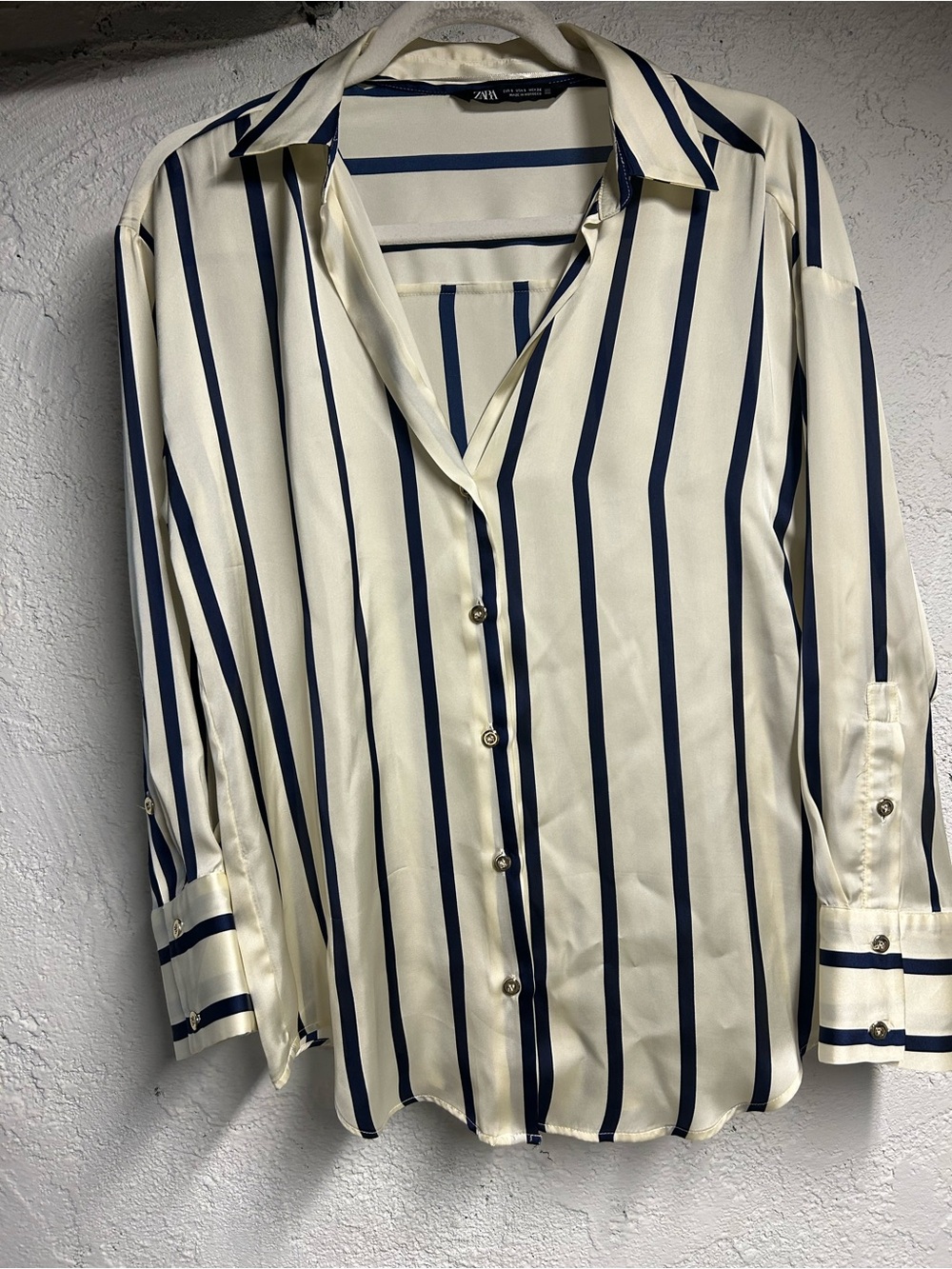Zara Cream and Navy Vertical Stripe Button-Up Blouse